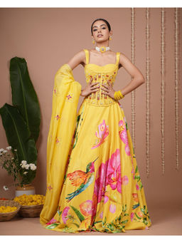 AHI Clothing - Mustard Floral Printed Heavy Lehenga and Corset with Dupatta