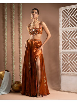 AHI Clothing - Rust Velvet Mirror Work Indo Lehenga and Blouse