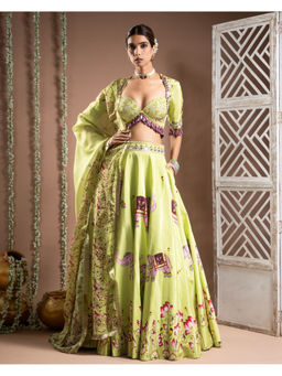 AHI Clothing - Elephant Print Green Mirror Work Heavy Lehenga and Blouse with Dupatta