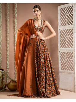 AHI Clothing - Rust Printed Lehenga and Blouse with Dupatta