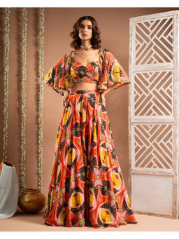 AHI Clothing - Orange Abstract Printed Cape Lehenga and Blouse