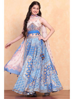 Biba - Girls Electric Blue Viscose Blend Lehenga (Set of 3)