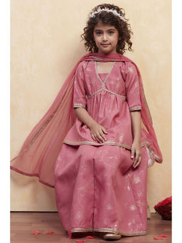 Biba - Girls Blush Pink Polyester Peplum Lehenga (Set of 3)