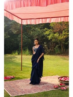 Ajiesh Oberoi - Embellished Stitched Blouse With Pre-Draped Frill Saree - Navy Blue
