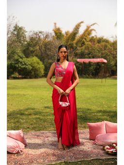 Ajiesh Oberoi - Scattered Flowers Embellished Stitched Blouse With Side Slit Pickup Saree