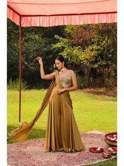 Ajiesh Oberoi - Scalp Dori Embroidery Stitched Blouse Paired With Draped Sharara Saree - Gold
