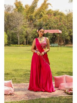 Ajiesh Oberoi - Scalp Dori Embroidery Stitched Blouse Paired With Draped Sharara Saree - Pink