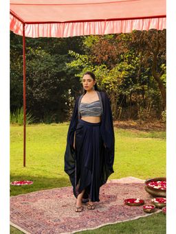 Ajiesh Oberoi - Star Shot Crystal Embroidery Lehenga With Stitched Blouse And Cape - Navy Blue