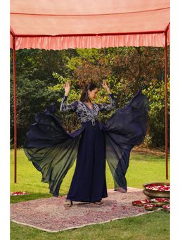 Ajiesh Oberoi - Flora Yoke Embroidery Jumpsuit With Detachable Side Flaps - Navy Blue