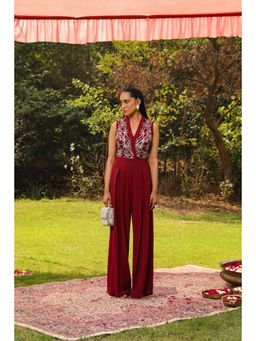 Ajiesh Oberoi - Flora Inspired Yoke Embroidery Flared Jumpsuit - Maroon