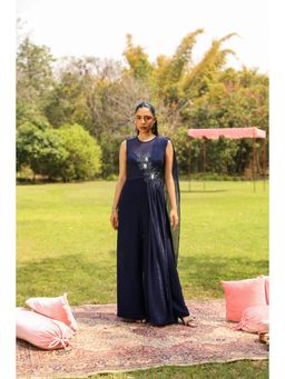 Ajiesh Oberoi - Flora Inspired Yoke Embroidery Flared Jumpsuit - Navy Blue