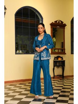 Ajiesh Oberoi - Crystal Sleeves Deer Embroidery Jacket With Pant And Bustier- Teal
