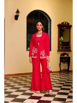 Ajiesh Oberoi - Crystal Sleeves Deer Embroidery Jacket With Pant And Bustier- Red