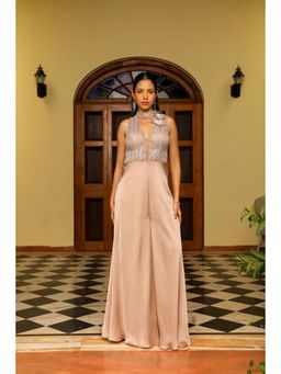 Ajiesh Oberoi - Star Shot Neckband And Yoke Embroidery Flared Jumpsuit - Taupe