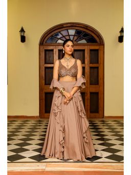 Ajiesh Oberoi - Crystal Sheet Embraided Lehenga With Stitched Blouse And Dupatta - Brown