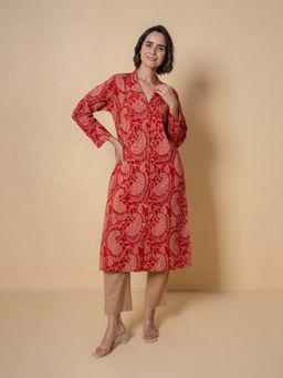 Kameez - Ruby Red Floral Block Print Cotton Kurta With Pant