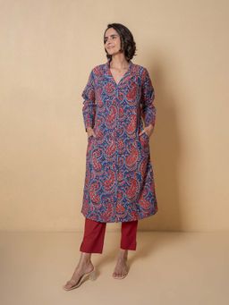 Kameez - Blue & Red Floral Block Print Blue Cotton Kurta With Pant
