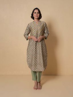 Kameez - Olive Green Floral Block Print Chanderi Kurta With Pant