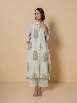 Kameez - Leaf Green Floral Block Print Cotton Kurta With Pant