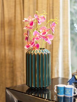 Voncasa - Decorative Ceramic Flower Vase Golden and Green Cyclinderical, Glossy