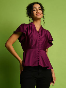 Globus - Women Purple V-Neck Flutter Sleeves Peplum Party Top