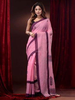 CHARUKRITI - Pink Pure Cotton Handwoven Ethnic Motifs & Checkered Borders Saree with Unstitched Blouse