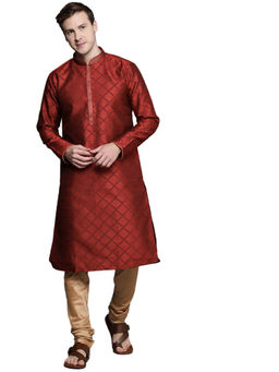 Manyavar - Maroon Art Silk Festive Jacquard Kurta and Pajama (Set of 2)