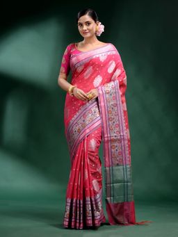 CHARUKRITI - Pink Pure Silk Handwoven Soft Saree with Unstitched Blouse