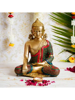 eCraftIndia - Dignified Meditating Lord Buddha Handcrafted Brass Idol With Stone Work