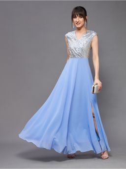 Miss Chase - Women's Sky Blue & Golden V-Neck Sleeveless Embellished Wrap Maxi Dress