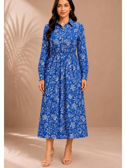 PANCHRANGA - Blue Neel Vanya Hand Block Printed Cotton Dress