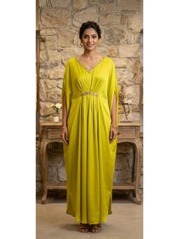 Label Rishmaan - Citrus Green Satin Kaftan Dress with Inner