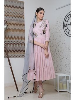 Neha Tarun - Pink Triple Layer Embellished Anarkali Kurta with Churidar and Dupatta (Set of 3)