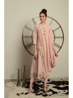 Neha Tarun - Pink Drape Kurta with Straight Pants (Set of 2)