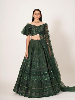 Neha Tarun - Embroidered & Sequined Lehenga and Blouse with Attached Dupatta (Set of 2)