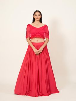Neha Tarun - Off Shoulder Layered Blouse with Skirt (Set of 2)