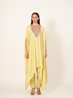 Neha Tarun - Yellow Satin Kaftan Kurta with Pant (Set of 2)