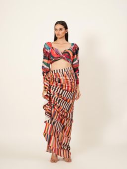 Neha Tarun - Stripes Printed Blouse with Pull-Up Skirt (Set of 2)