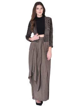 Neha Tarun - Brown Embellished Jacket with Crop Top and Drape Skirt (Set of 3)