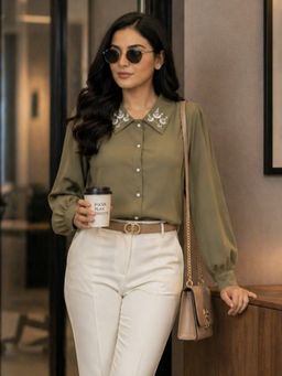 WineRed - Women Olive Embroidered Collar Shirt Style Top