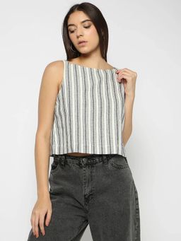 GAP - Women White Vertical-Stripes Shoulder-Straps Square Neck Top