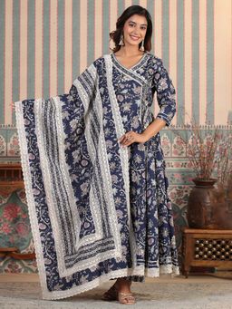 Varanga - Women Blue Floral Printed Angrakha Anarkali Kurta with Pant & Dupatta (Set of 3)