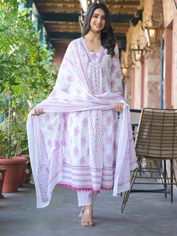Varanga - Women White Ethnic Jaipuri Printed Flared Kurta with Pant & Dupatta (Set of 3)