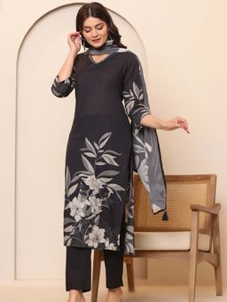 Varanga - Women Black Floral Placement Printed V-Neck Kurta with Pant & Dupatta (Set of 3)