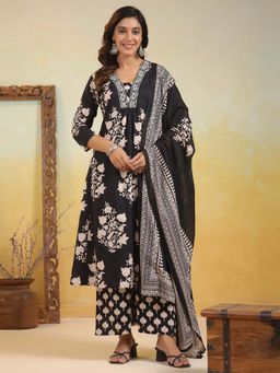 Varanga - Women Black Ethnic Floral Printed V-Neck Kurta with Palazzo & Dupatta (Set of 3)