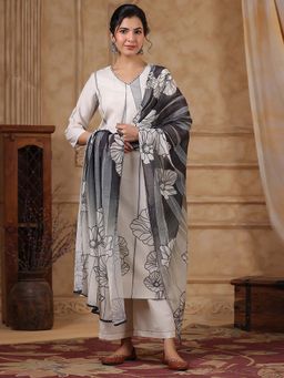 Varanga - Women Off White V-Neck Floral Printed Kurta with Palazzo & Printed Dupatta (Set of 3)