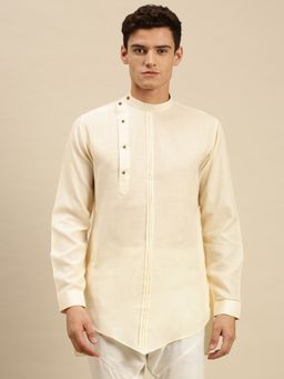 Sanwara - Men Solid Beige Cotton Short Kurta
