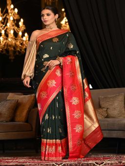 Beatitude - Bottle Green Woven Paithani Saree with Unstitched Blouse