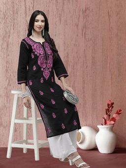 ADA - Women Black & Purple Ethnic Motifs Embroidered Chikankari Thread Work Kurta