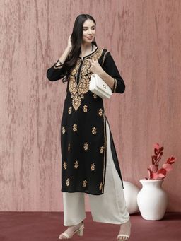 ADA - Women Black & Peach Ethnic Motifs Embroidered Chikankari Thread Work Kurta